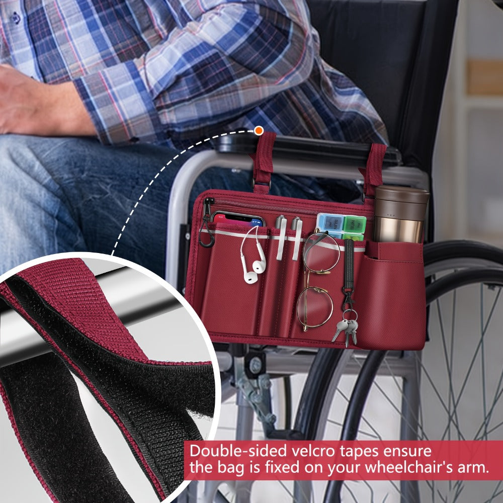 Wheelchair Bag Side Storage with Cup Holder Reflective Strips 8 Pockets 14x7.5 Inch for Entryways, Bedrooms and Living Spaces