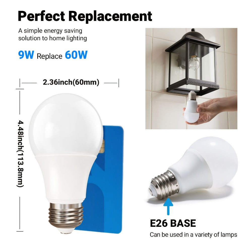 Outdoor Light Bulbs Dusk to Dawn, A19 E26 LED Sensor Bulb 9W 60W Equivalent 800LM 5000K Daylight White, Auto On Off Photocell Smart Sensor