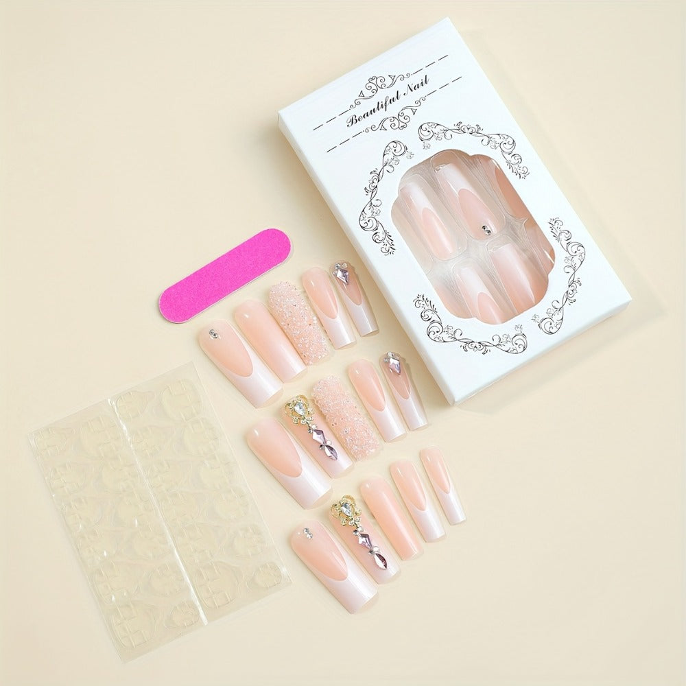 Press On Nails 96-Piece Long Ballerina Blue Gradient 3D Flower Butterfly Set with Four Bracelets