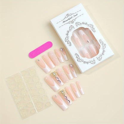 Press On Nails 96-Piece Long Ballerina Blue Gradient 3D Flower Butterfly Set with Four Bracelets