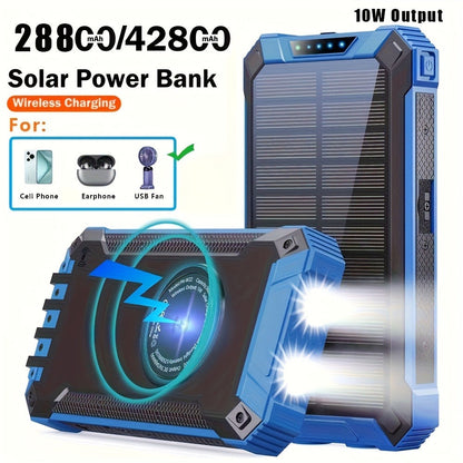 Power Bank Solar 28800mAh or 42800mAh with Wireless Charging, Four Cables and Dual Flashlights
