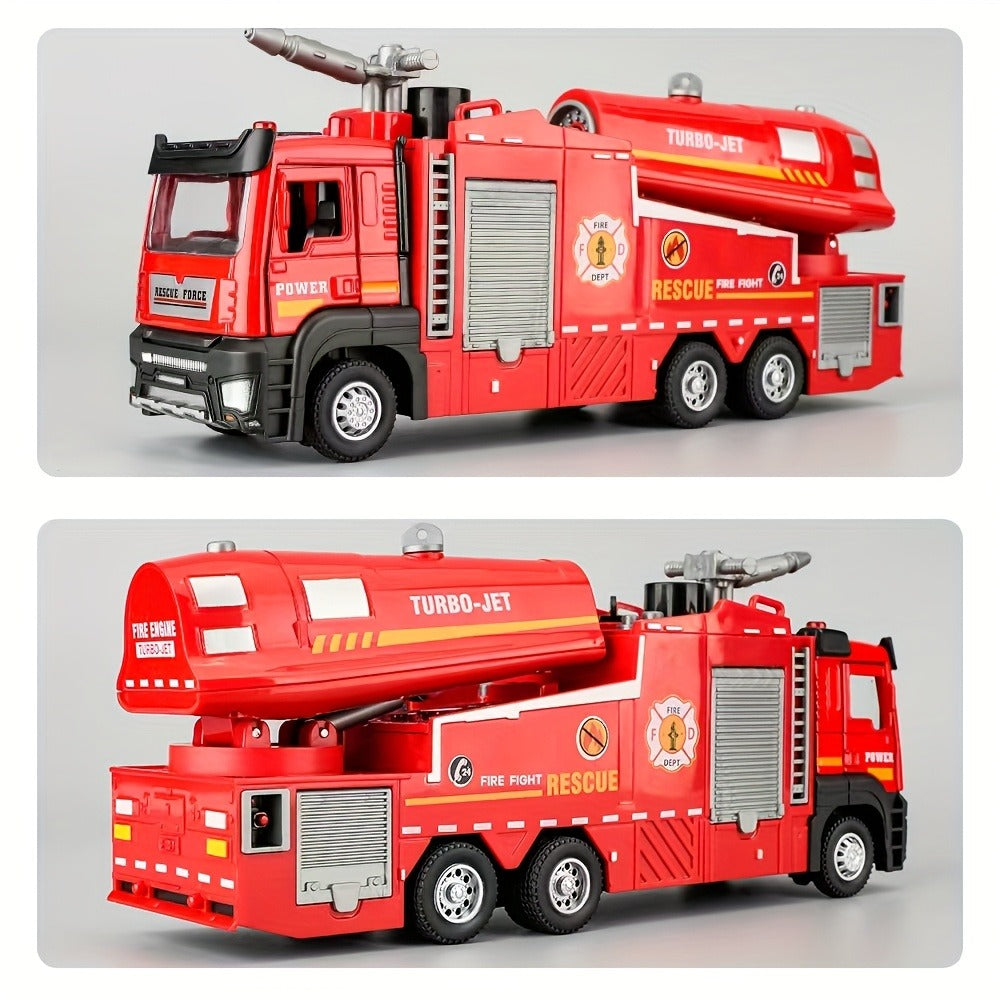 Zinc Alloy Fire Truck Toy with Water Mist Spray, Pull Back Fire Engine with Lights & Sounds