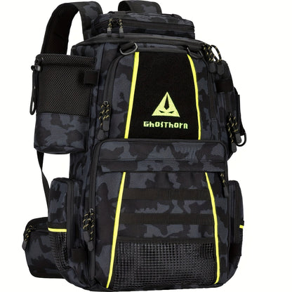 Large Fishing Tackle Bag with 4 Tackle Boxes – 43L Backpack with Rod Holder, Detachable Waist Pack & Gear Storage for Men Women | Black