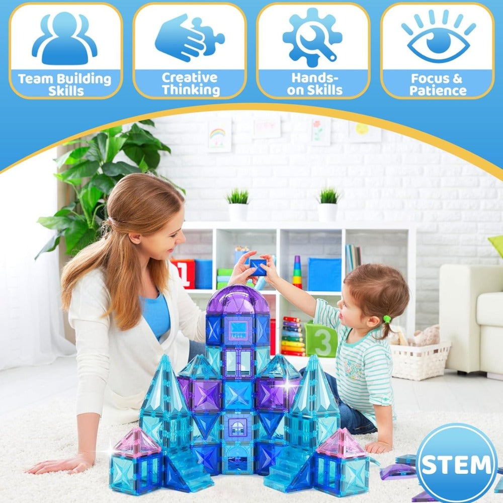 Castle Magnetic Tiles Building Set 102 or 116 Pcs, 3D STEM Sensory Blocks, Pretend Castle Playset for Preschool Boys & Girls Ages 3+