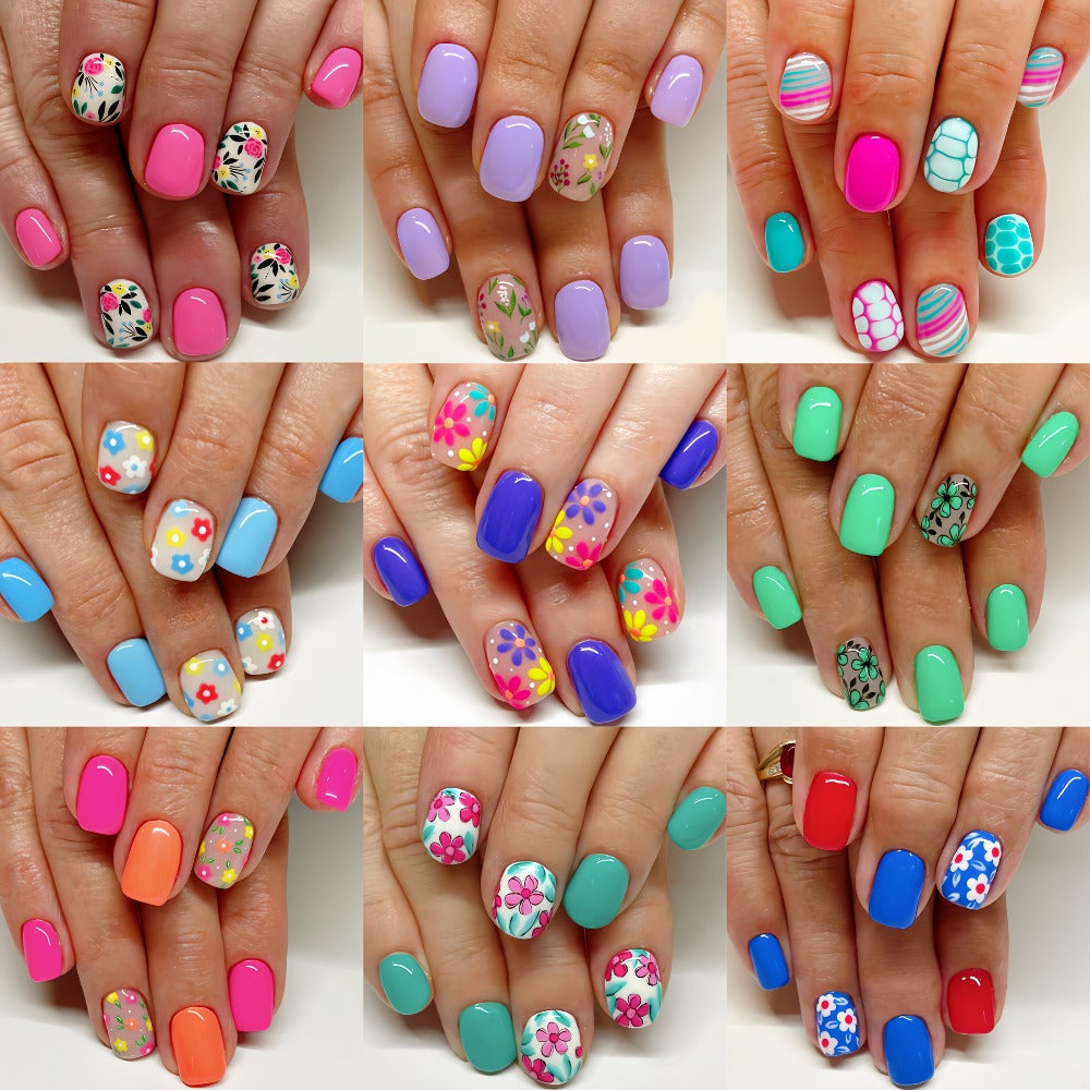 Press On Nails 216-Piece Short Full-Cover Set with Floral, Plant and Flower Designs for Spring and Summer