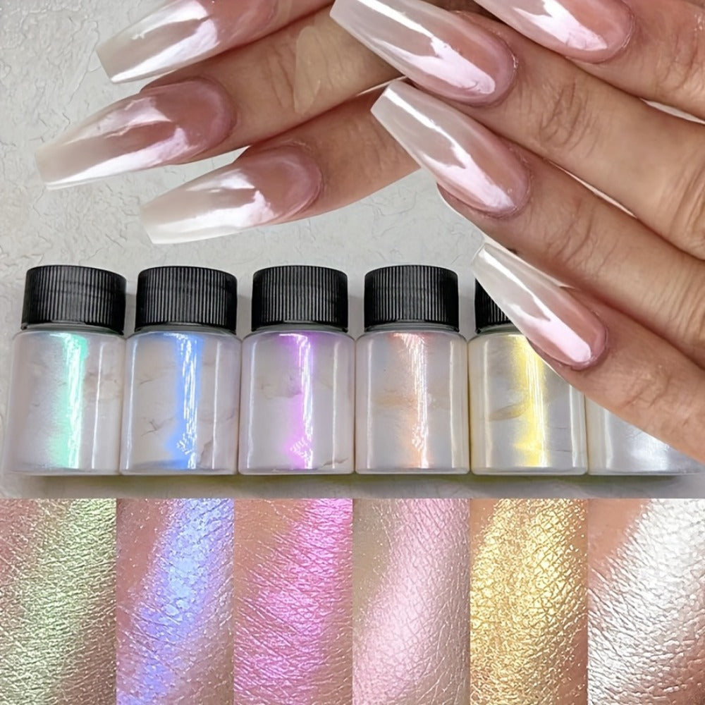 Aurora Nail Powder 12 Colors Chrome Pearl Glitter Neon Dust Holographic Iridescent Pigment Set for Chrome