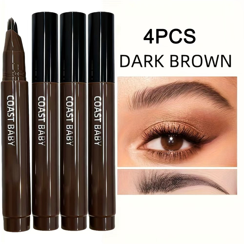 Four-Pack Multi-Fork Tip Eyebrow Pens in Four Color Labels with Capped Bodies and Approx. 11.3 cm Length