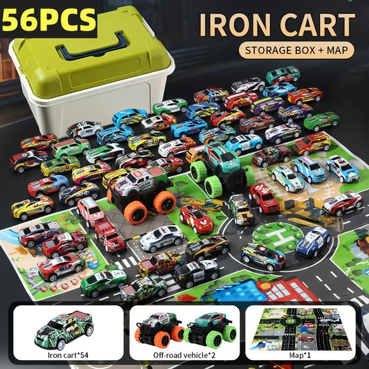 56 Pcs Mini Die-Cast Metal Car Set with 2 Stunt Cars, Play Mat & Storage Box - Friction Pull Back Toy Cars for Kids Boys Girls Ages 3+