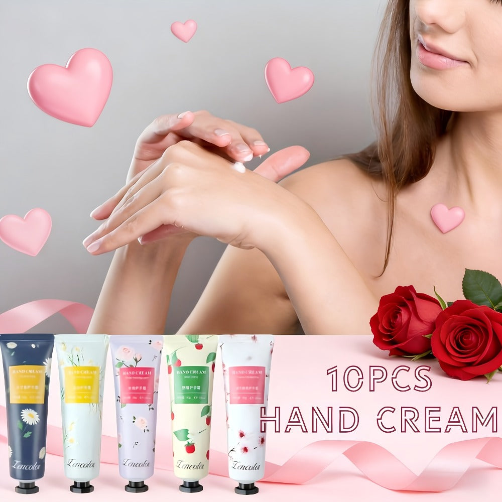 Ten-Piece Hand Cream Gift Box with Botanical and Fruit-Print Travel Tubes in Coordinated Assortment