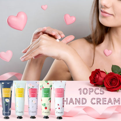 Ten-Piece Hand Cream Gift Box with Botanical and Fruit-Print Travel Tubes in Coordinated Assortment