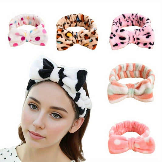 Bow Skincare Headbands for Women 6 Pack Patterned Soft Fabric Elastic Hair Bands for Makeup Spa Shower Face Washing Skincare Routine Beauty