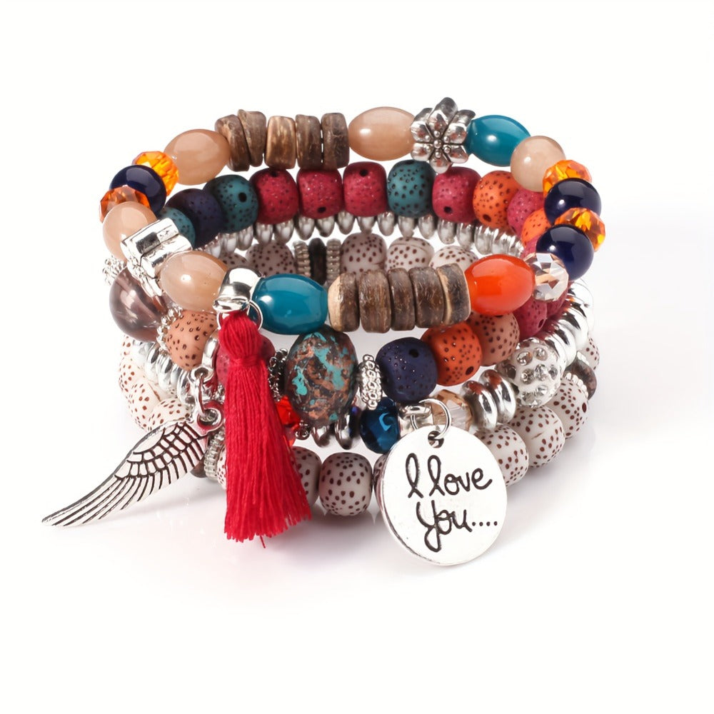 Bracelet Set, 24-Piece Assorted Wood-Bead Elastic Stack with Tassels and Pendant-Style Accents