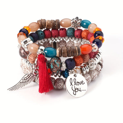 Bracelet Set, 24-Piece Assorted Wood-Bead Elastic Stack with Tassels and Pendant-Style Accents
