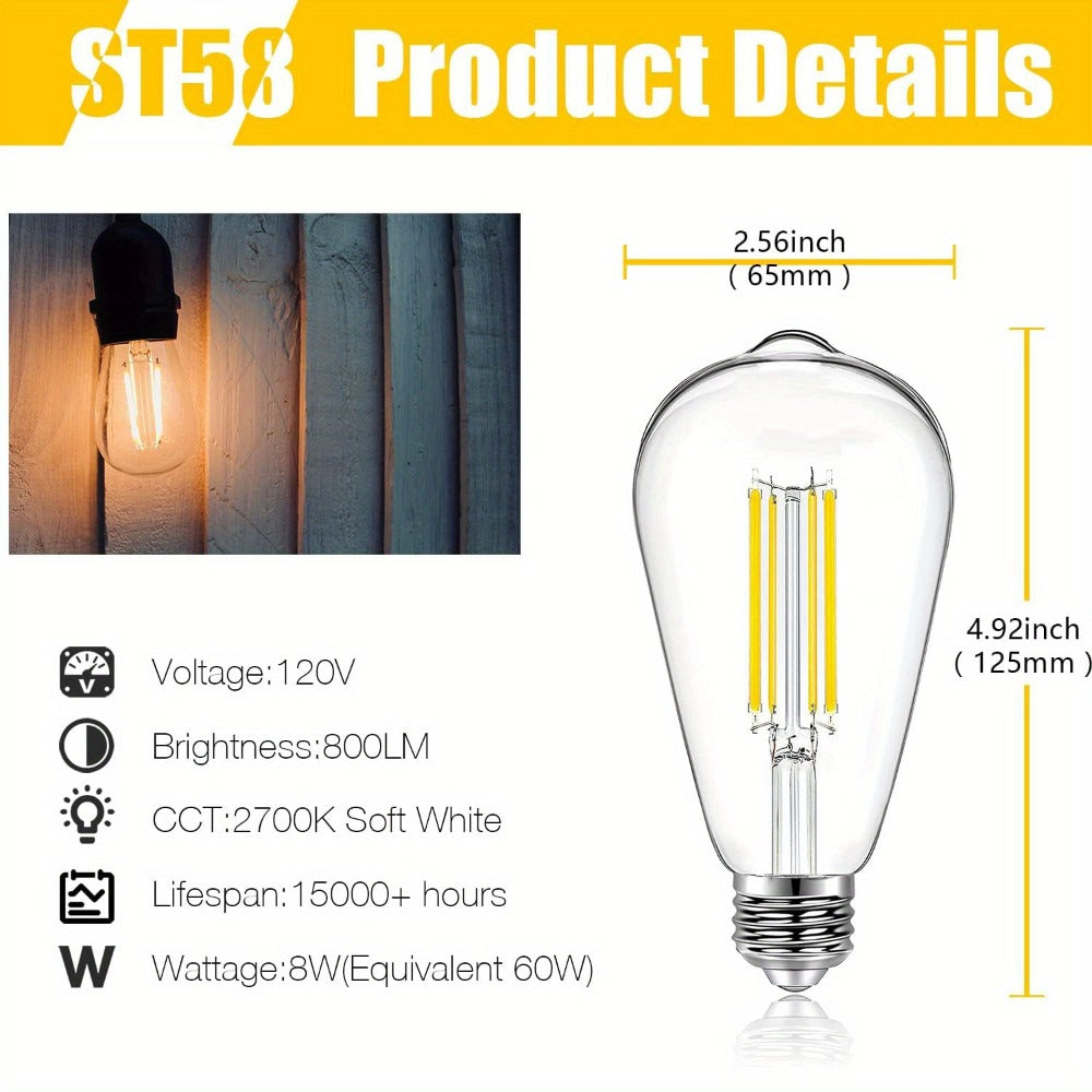 Edison Bulbs LED Vintage, 8W 60W Equivalent Dimmable E26 Base, 800 Lumens 2700K Warm White, 80+ CRI Antique Filament Style LED Edison Light