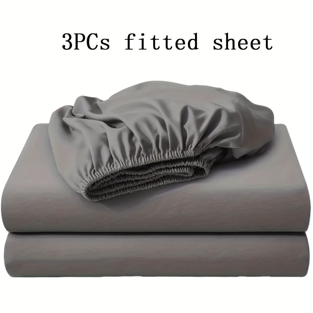 Three-Piece Solid-Color Fitted Sheet Set with Two Pillowcases, Nine Colors and Four Bed Sizes