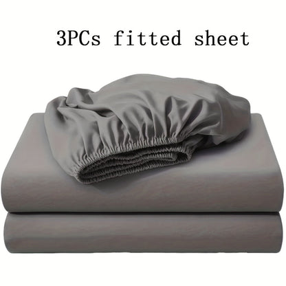 Three-Piece Solid-Color Fitted Sheet Set with Two Pillowcases, Nine Colors and Four Bed Sizes