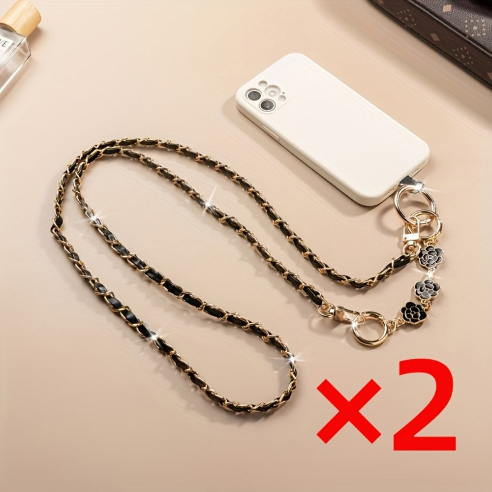 Crossbody Phone Strap Long Chain Pearl Camellia Metal Charm Elegant Lanyard for Women Girls