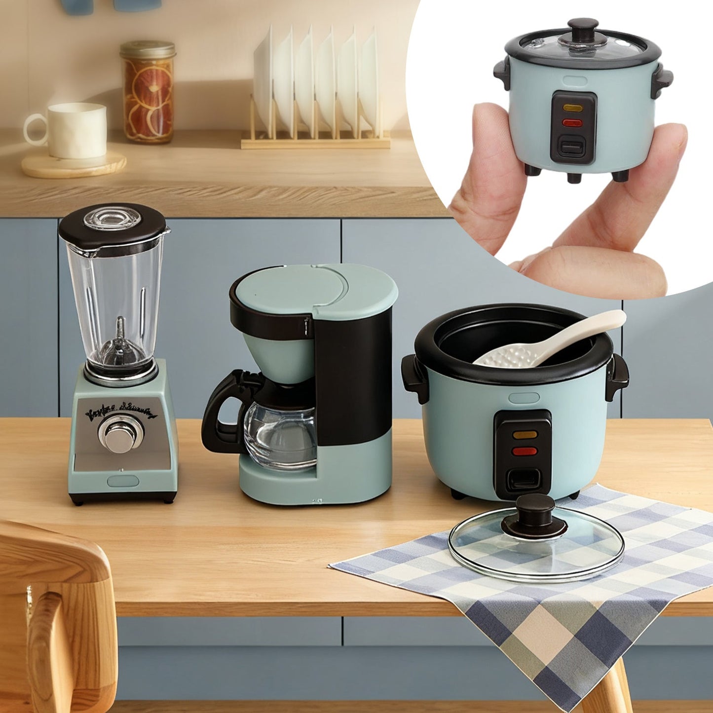 1:12 Scale Miniature Kitchen Appliance Set with Rice Cooker, Blender, Coffee Maker and 3-Piece Checkout