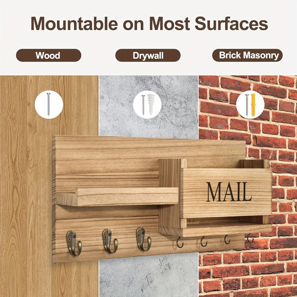 Wall Mounted Storage Rack with Mail Slot – Rustic Wood Floating Shelf with Hooks for Keys, Hats & Envelopes
