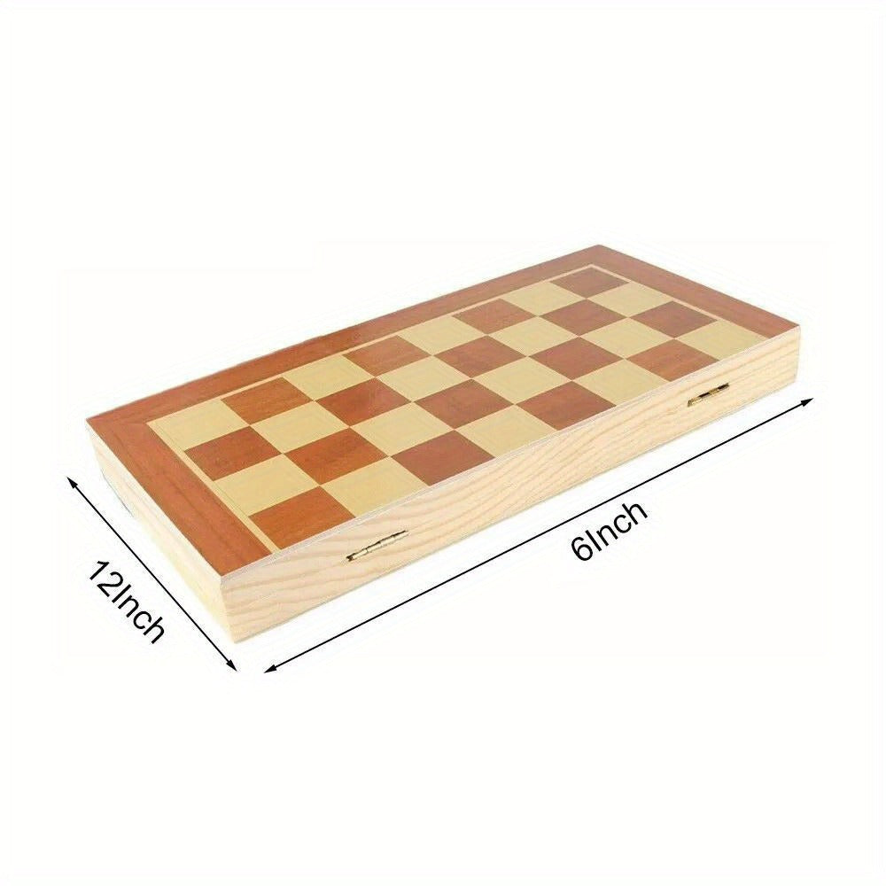 Wooden Folding Chess Set 12 Inch – Handmade Portable Chessboard 30x30cm with Game Pieces, Classic Strategy Board Game for Adults Kids