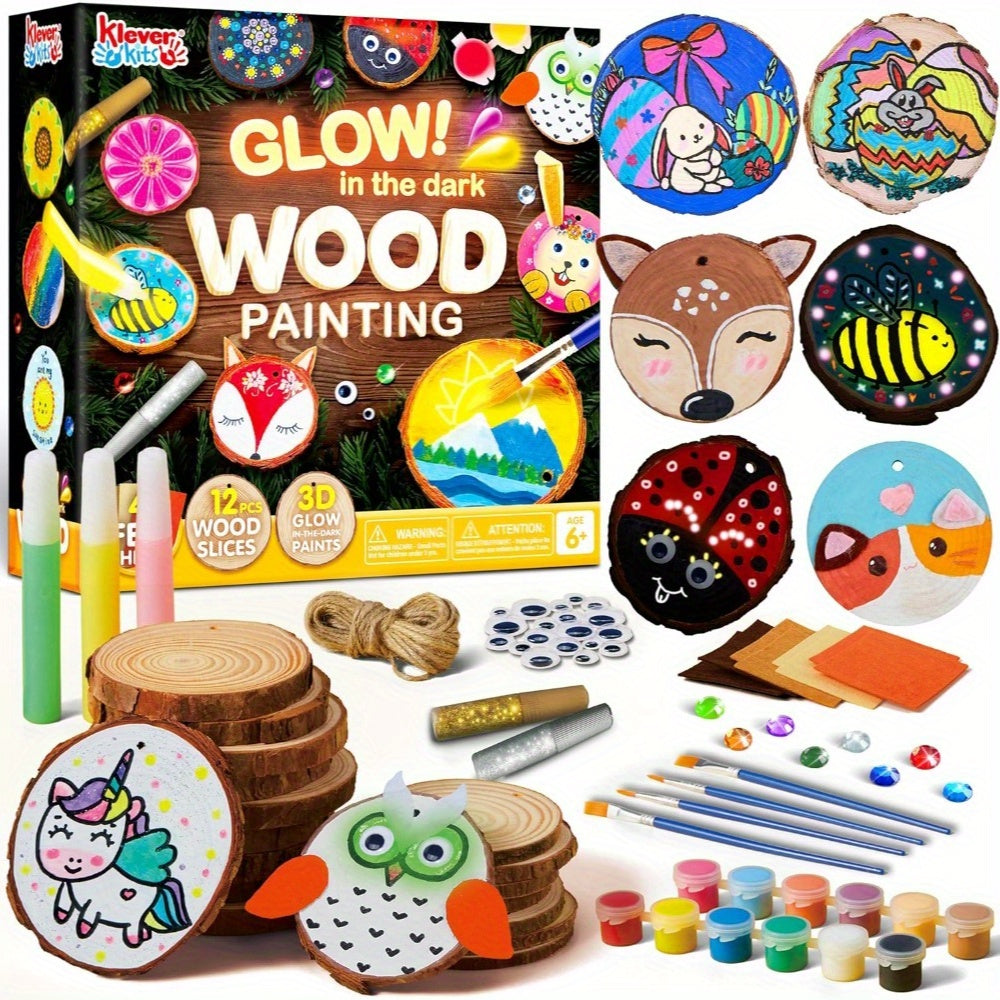 Kids Painting Kit Glow in the Dark, Wood Slice Arts & Crafts Set Ages 6+ with 16 Wood Slices, Felt