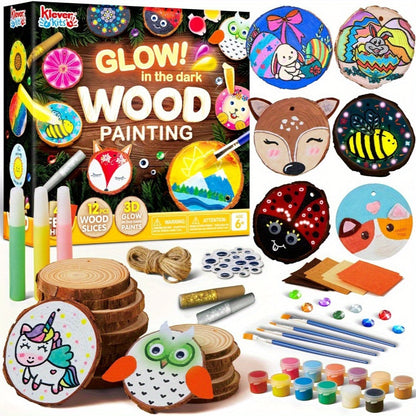 Kids Painting Kit Glow in the Dark, Wood Slice Arts & Crafts Set Ages 6+ with 16 Wood Slices, Felt