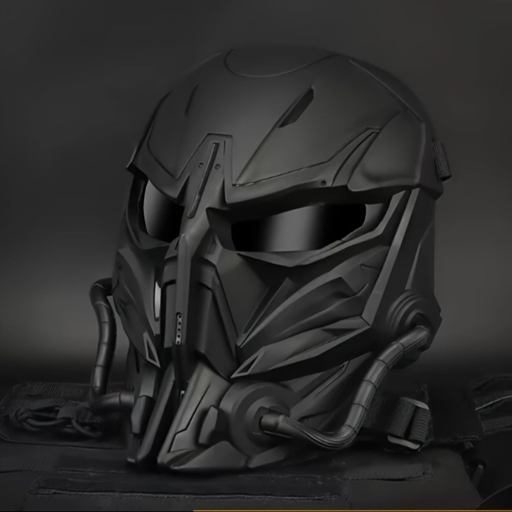 Black Mechanical Costume Mask with Sculpted Lower-Face Panel, Dark Eye Visor and Side Vent Details