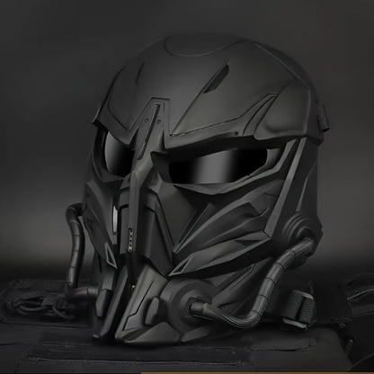 Black Mechanical Costume Mask with Sculpted Lower-Face Panel, Dark Eye Visor and Side Vent Details