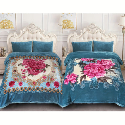 Reversible Plush Blanket 2-Ply 520GSM Milk Velvet - Queen King Size Blanket with Vibrant Animal & Floral Designs