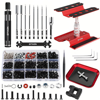 RC Car Maintenance Stand Tool Kit EPINON 360° Rotating Work Stand 520PCS Screw Set Aluminum Screwdriver Bits Compatible with 1/8 1/10 1/12