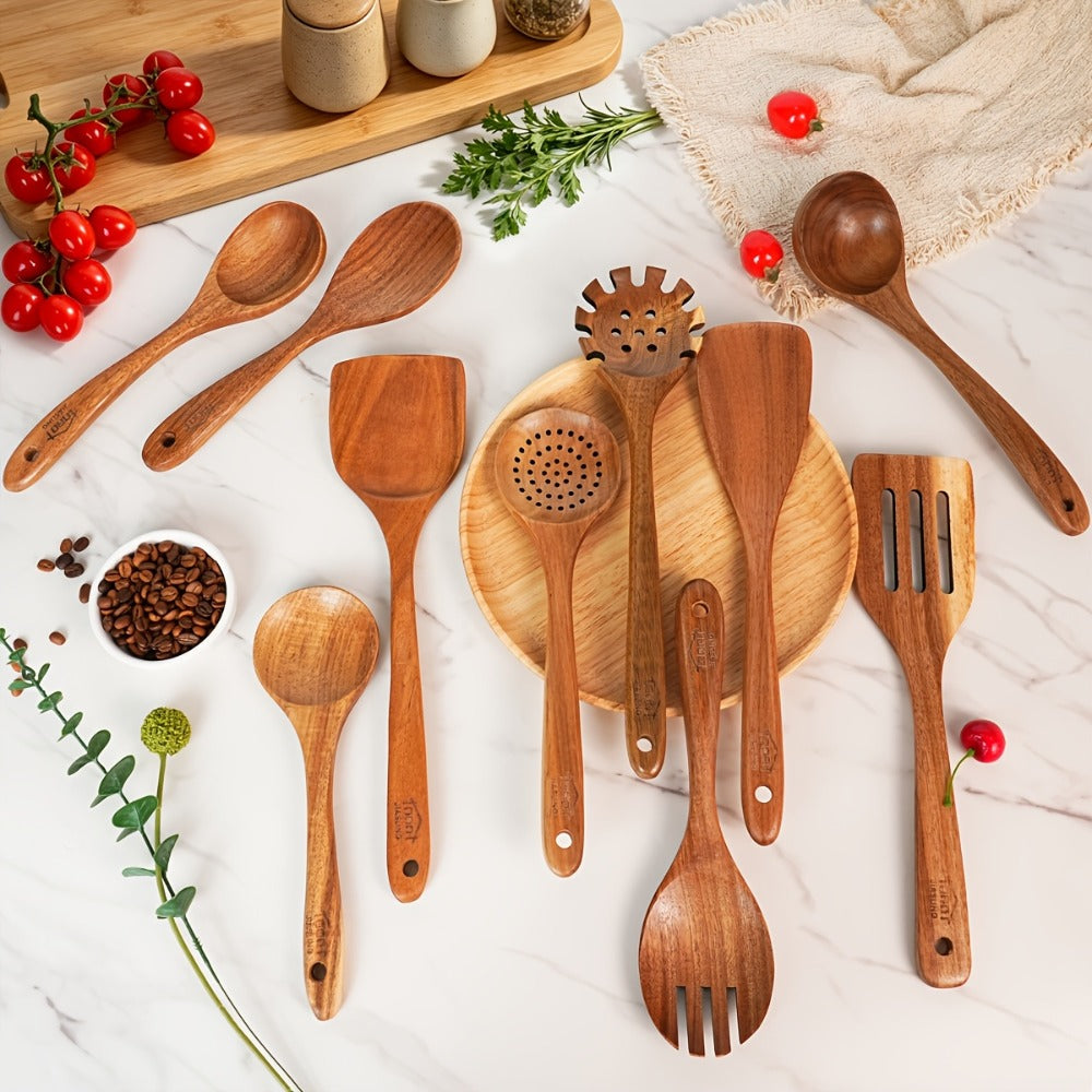 Kitchen Utensils 10-Piece Teak Wood Spoon and Spatula Set with Thickened, Basic and Shovel Configurations