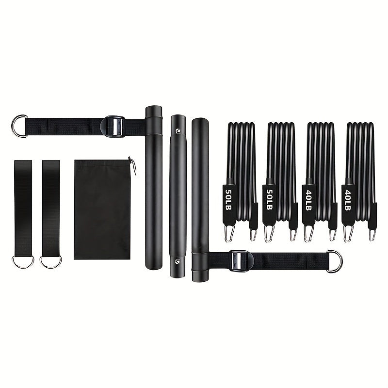 3-Section Pilates Bar Kit – 4 TPE Resistance Bands (40-50 lbs), 2 Ankle Straps & Storage Bag for Legs, Hips