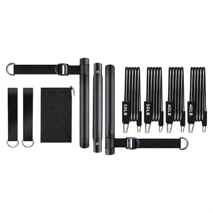 3-Section Pilates Bar Kit – 4 TPE Resistance Bands (40-50 lbs), 2 Ankle Straps & Storage Bag for Legs, Hips