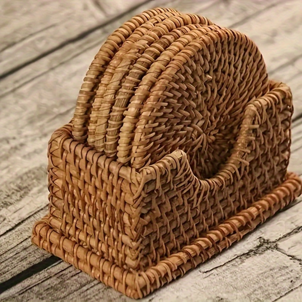 Rattan Woven Coasters Set of 6 Handcrafted Heat-Resistant Non-Slip Drink Mats Boho Table Decor for Kitchen Dining Room Coffee Table Tabletop