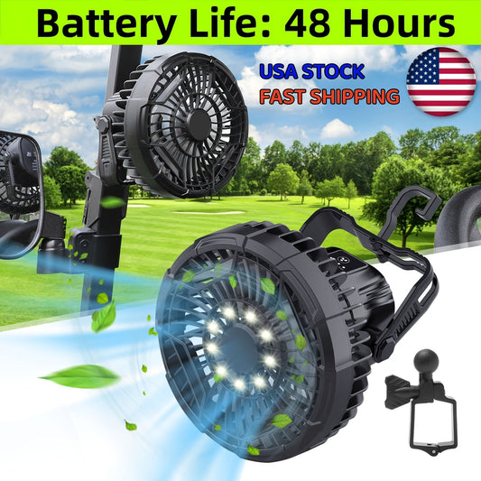 Portable Battery Golf Cart Fan with LED Lantern – 10400mAh Rechargeable, 48H Runtime, 360° Adjustable Head, 3-Speed Remote Control