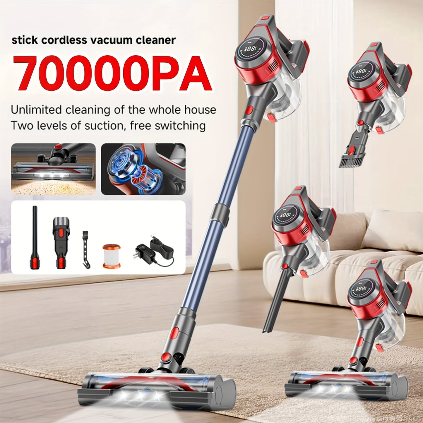 Stick Vacuum Cleaner 70Kpa MAX Suction Cordless & Corded 8-in-1 Handheld Vacuum for Hard Floors, Carpets & Pet Hair