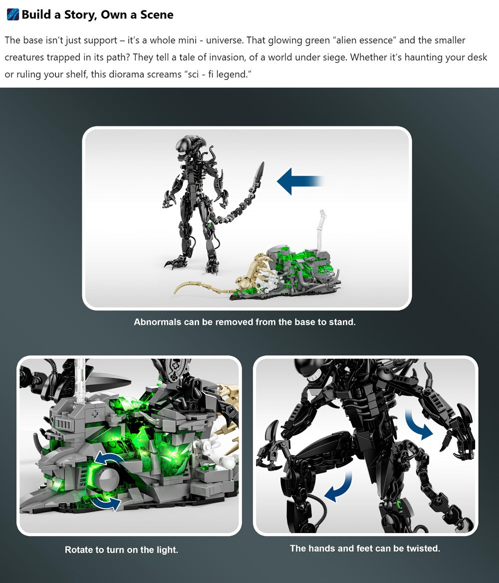 Building Block Set Alien Beast with 958 Pieces, Articulated Black Figure, Scene Base and Long Tail