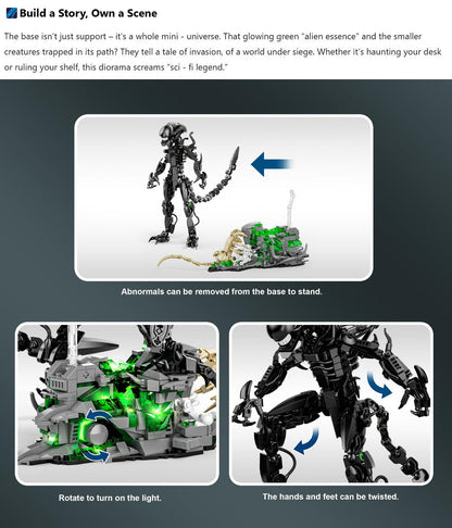 Building Block Set Alien Beast with 958 Pieces, Articulated Black Figure, Scene Base and Long Tail