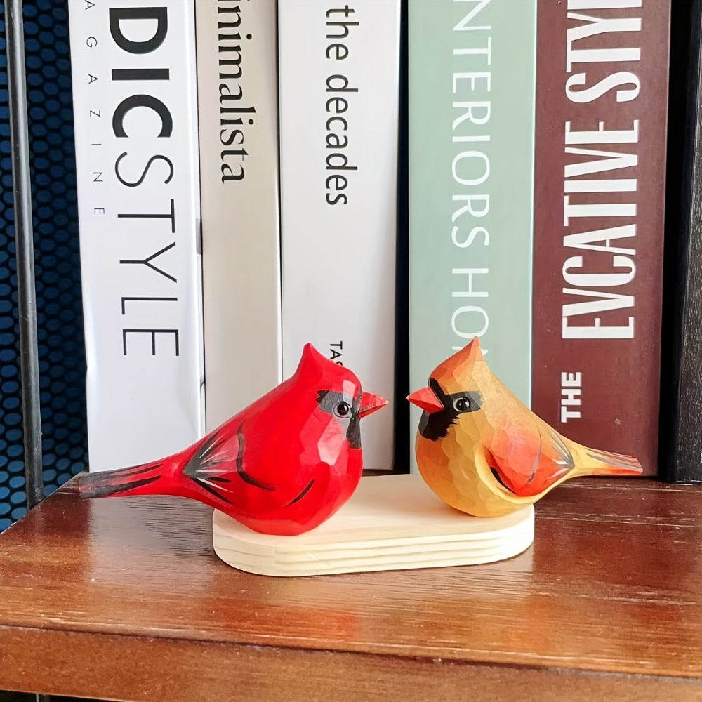 Cardinal Bird Statues Handmade Wood Carving 2pcs - Painted Decorative Bird Figurines for Home for Entryways, Bedrooms and Living Spaces