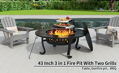 43-Inch Round Fire Pit Table with Two Cooking Grates, Center Lid, Perforated Bowl and Long Poker
