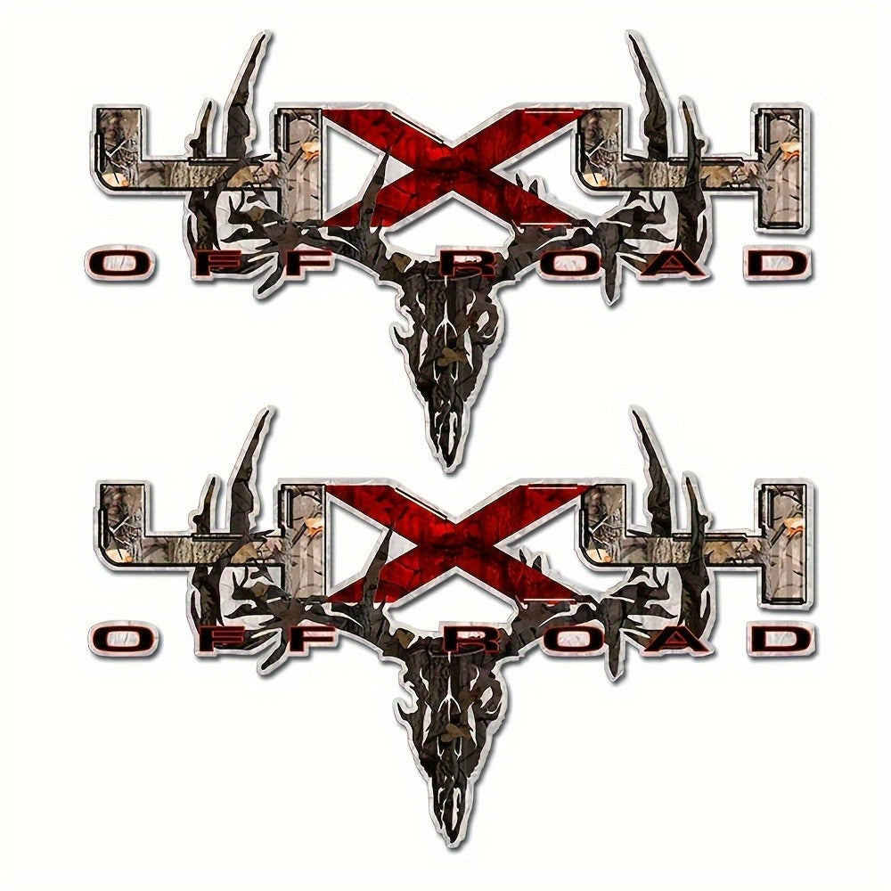 Two-Piece Hunting Skull Truck Decal Set with Antlers, Crossed Arrows and Red Center Accent