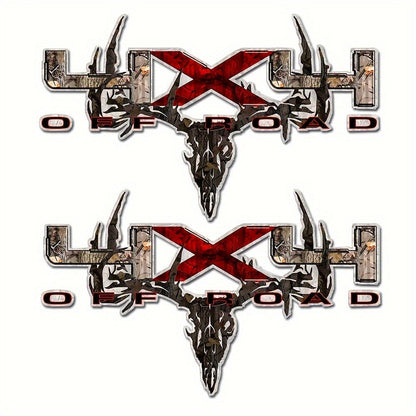 Two-Piece Hunting Skull Truck Decal Set with Antlers, Crossed Arrows and Red Center Accent