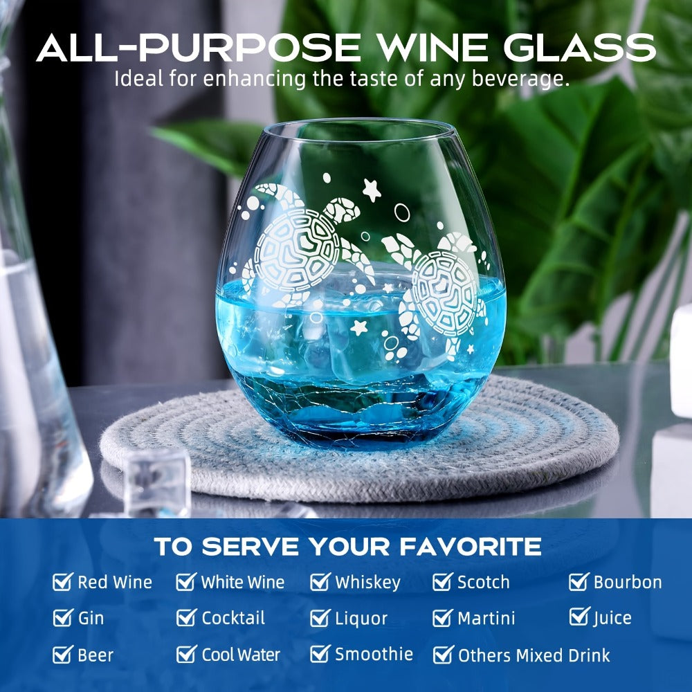 Sea Turtle Wine Glass Hand Etched Stemless 16oz Turquoise Crystal Glass Cup – Unique Wine for Home Cooking, Dining and Outdoor Meals