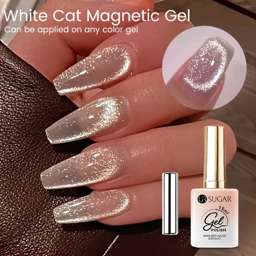 White Glitter Cat Eye Gel Polish Set 2pc Sparkling Magnetic with Stick Included | Soak Off UV LED 0.51oz Each Semi-Permanent 3D Nail Art |