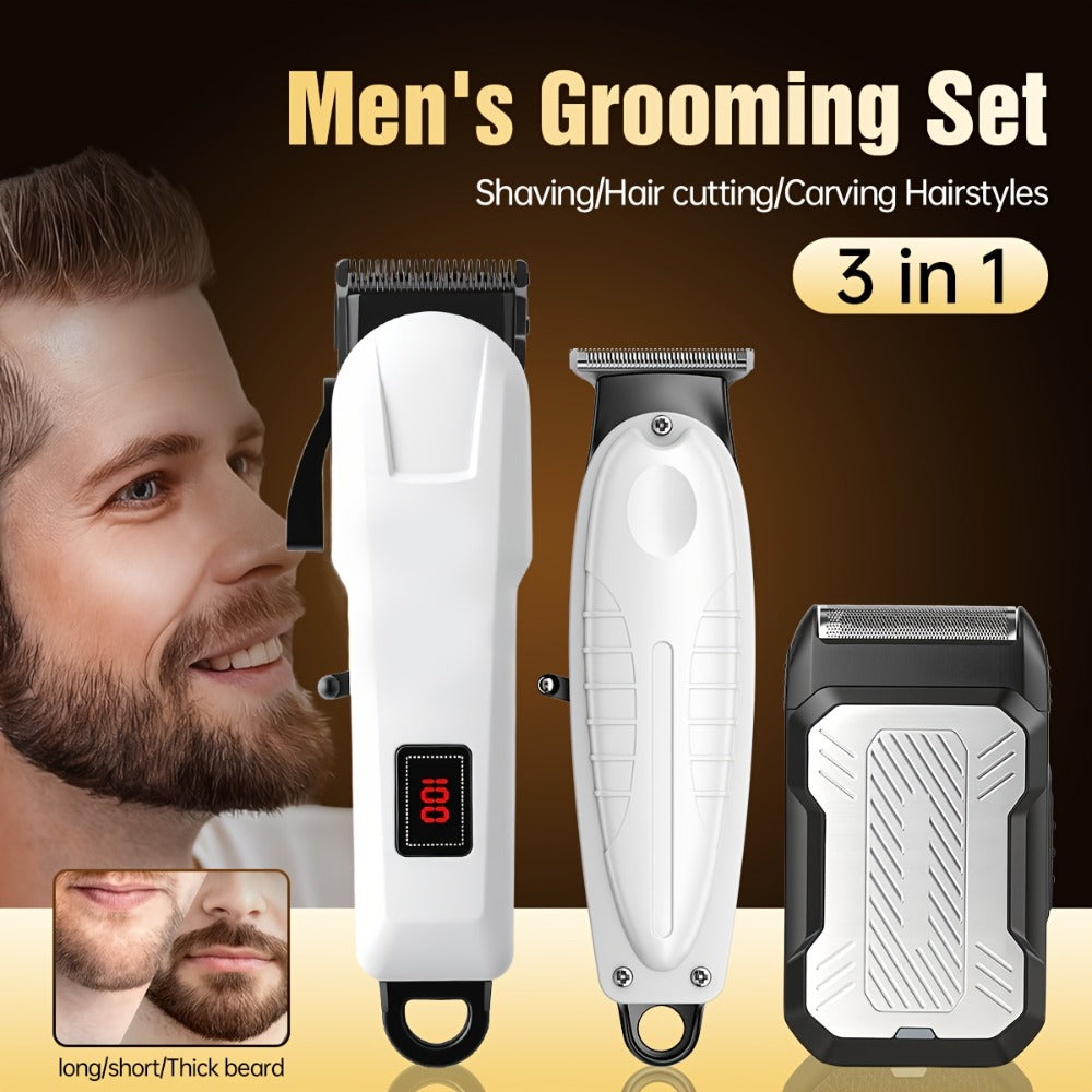 Hair Clippers & Trimmers White One-, Two- or Three-Piece Set with LCD Displays, USB-C Charging and Guide Combs
