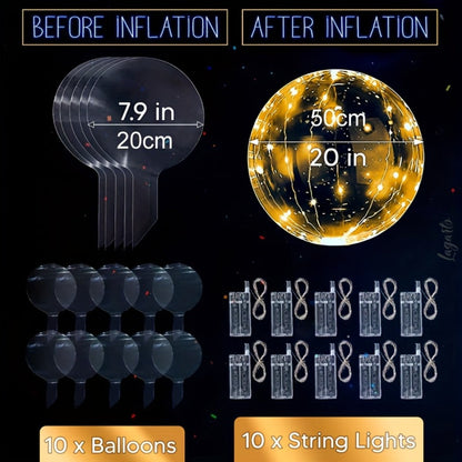 Party Decorations 20-Piece Clear Bobo Balloon Kit with LED String Lights and Six Light Color Options