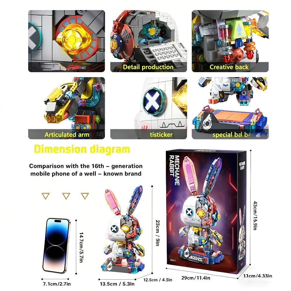 1377-Piece Mechanical Rabbit Building Block Model with Colorful Punk Styling and Rotating Limb Details