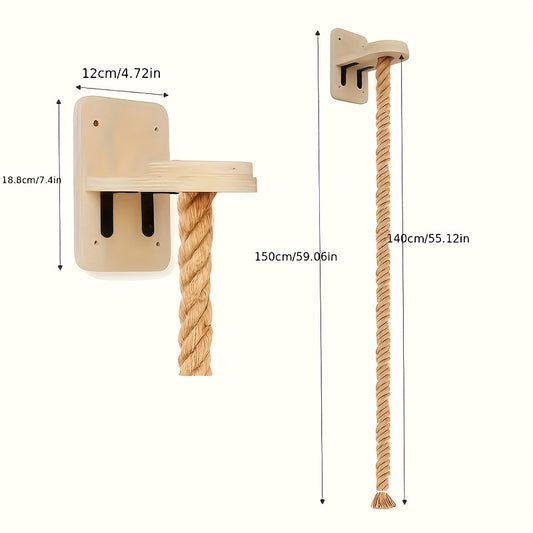 Cat Wall Climbing Rope Jumping Platform – Wall-Mounted Natural Hemp Rope Perch for Indoor Cats & Kittens | Space-Saving Cat Climbing Wall