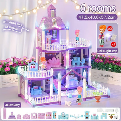 LED Dollhouse Playset for Girls, Purple Multi-Room Playhouse with Doll Figures, Puppies, Furniture & LED Lighting