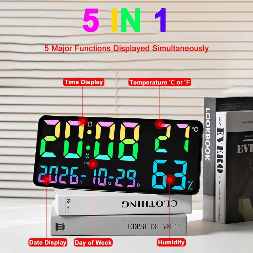 14.6-Inch RGB Digital Wall Clock with Remote, Dual Alarm, Five Brightness Levels and 12 Display Modes